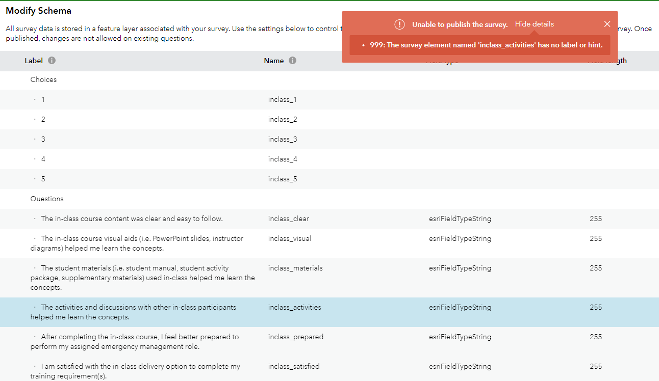 Survey123 Will Not Publish Due to Survey Element - Esri Community