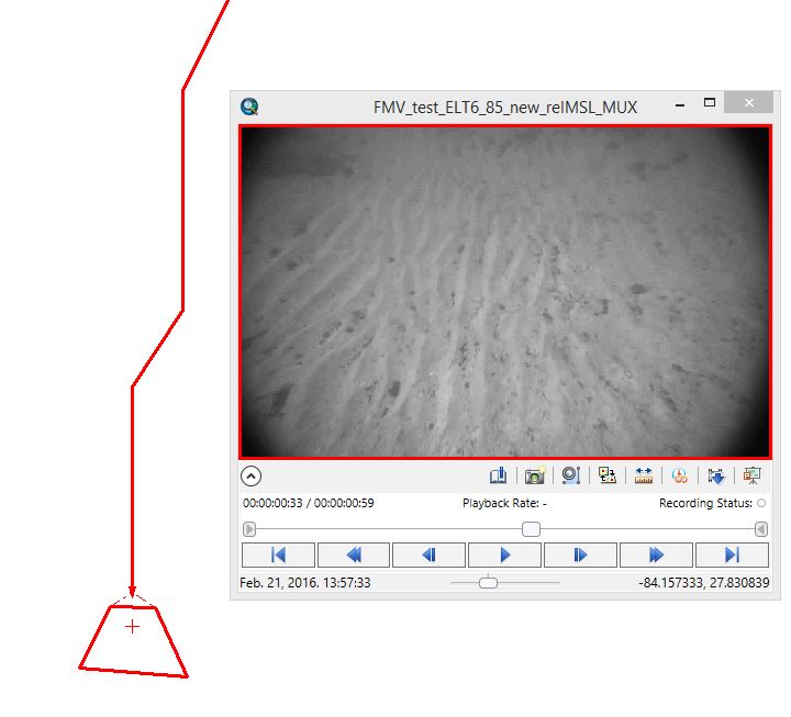 Video from submersible sensor in the FMV video player, with the sensor ground track, pointing direction and video frame footprint displayed