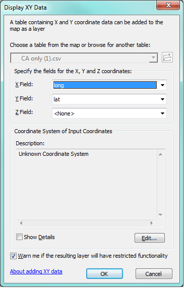 adding xy data to arcmap