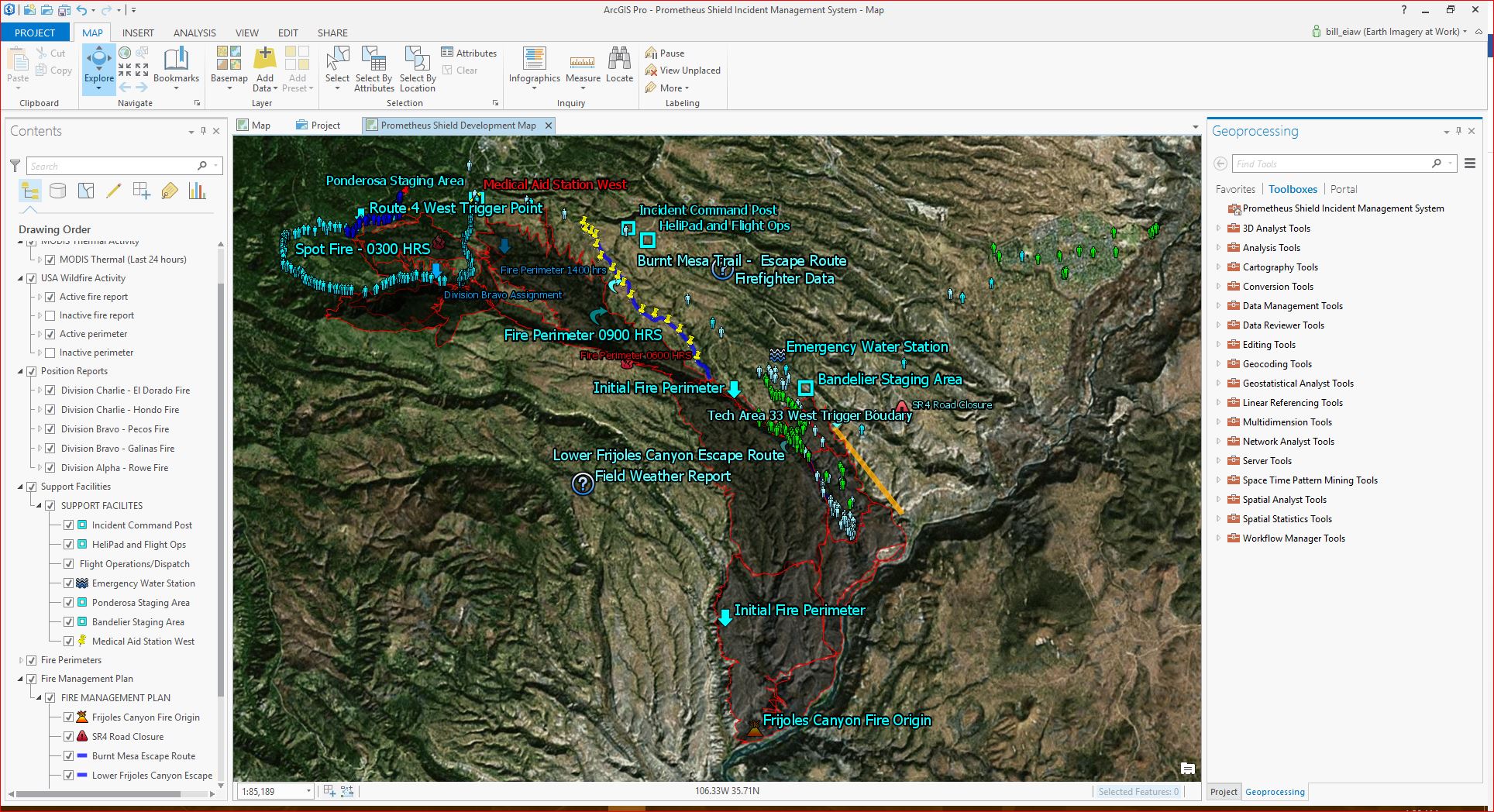Sample position reports and fire management plan display map for Prometheus Shield