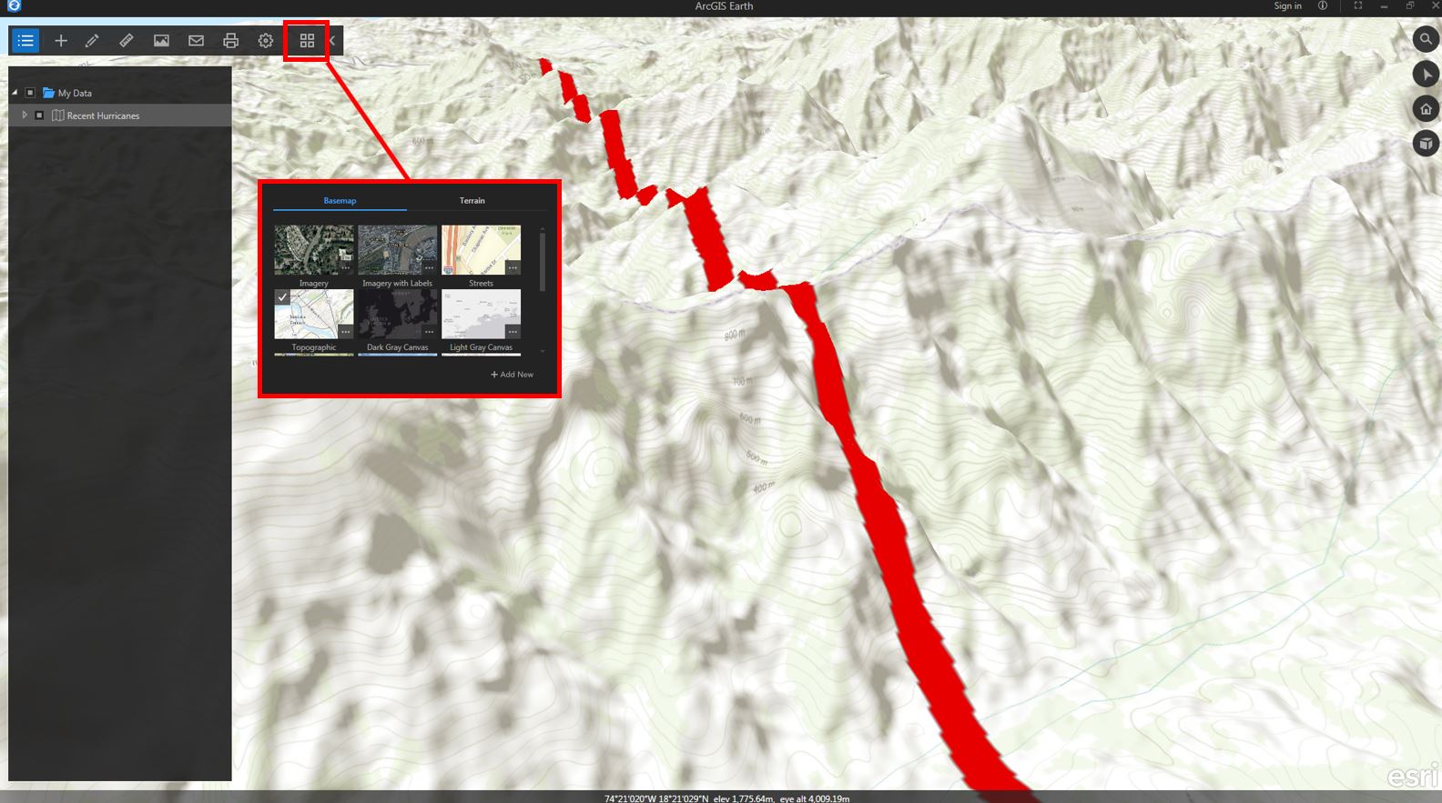 Topographic basemap displays contours and shows the actual range of heights of the terrain