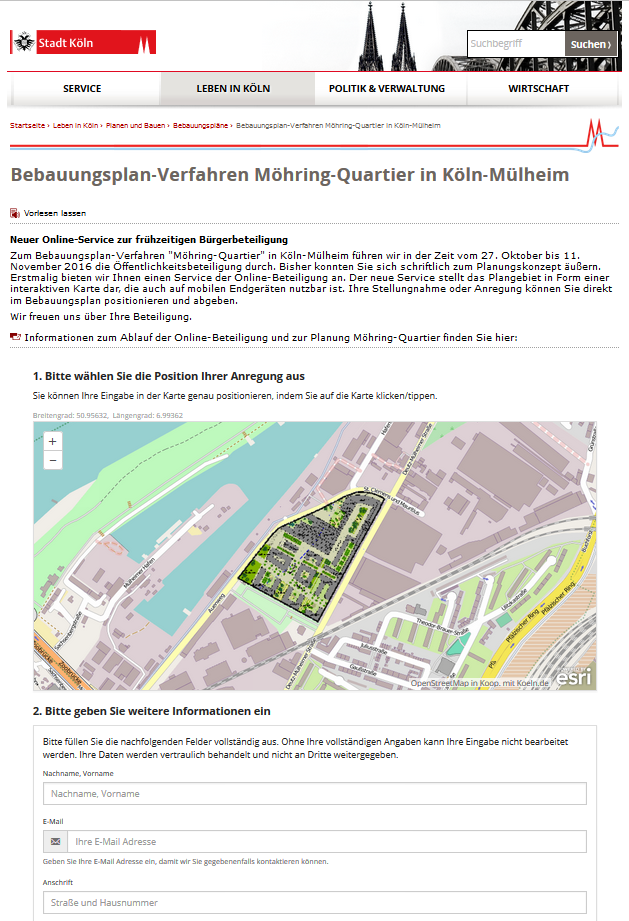 Screenshot des Online-Beteiligungsformulars im Bebauungsplanverfahren der Stadt Köln.