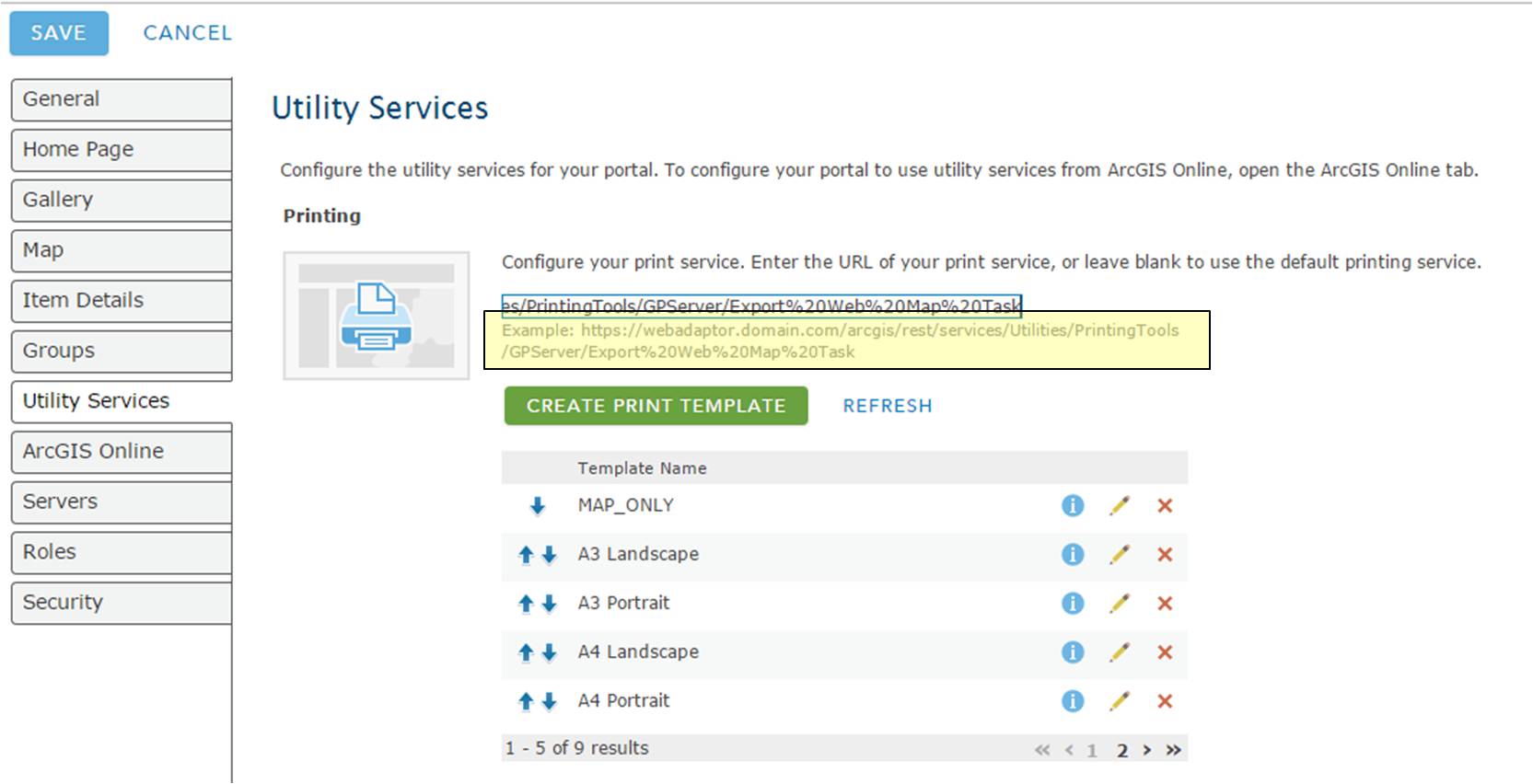 Screenshot: Portal > My Organization > Utility Services - Printing URL