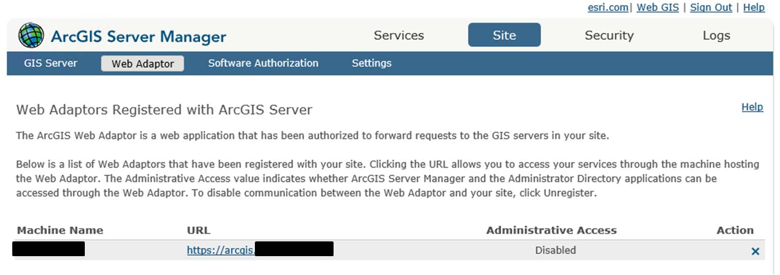 Screenshot: ArcGIS Server Manager >  Site > Web Adaptor