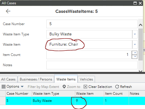 Screen shot showing the coded value description displayed in popup but the numeric value displayed in the attribute table widget