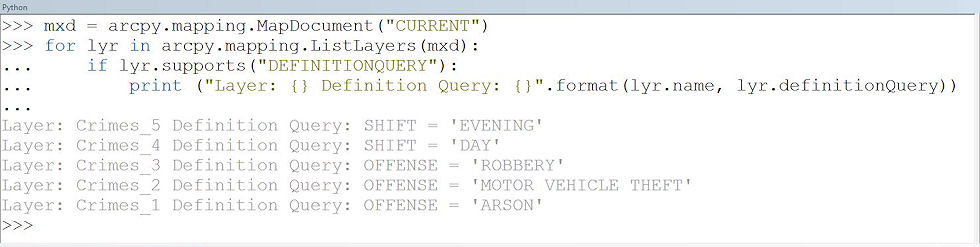 Python code snippet to get ArcMap layer definition queries