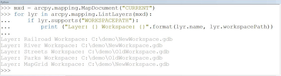 Python code snippet to inventory layer data sources