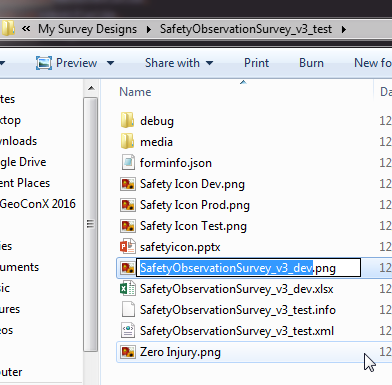 Example survey structure when promoting dev survey to test. I copied entire folder, deleted *.iteminfo file, and renamed all files to new "test" survey name.