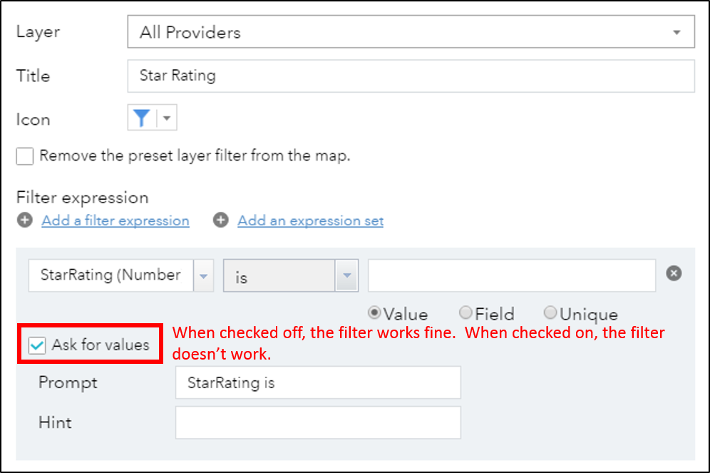 Ask for Values checkbox in filter configuration window