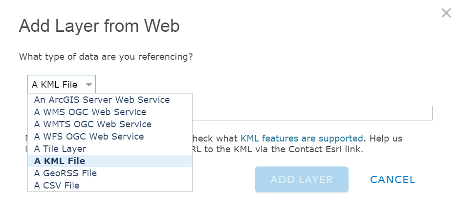 AGOL Add Layer From Web dialog box