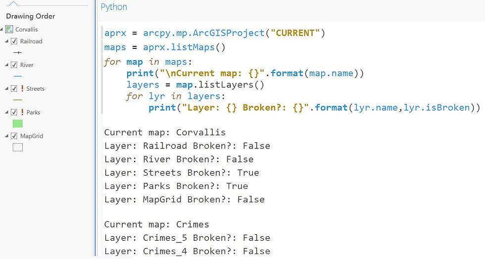 Python code snippet to find layers with broken layer data source paths