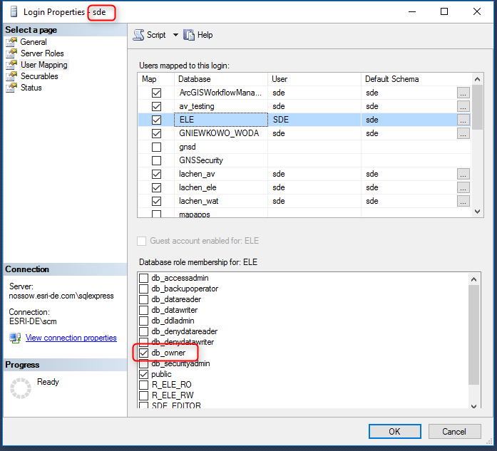 Assign the db_owner Database Role to the sde user