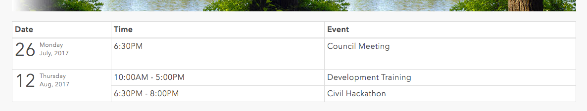 sample schedule showing three events on 2 dates