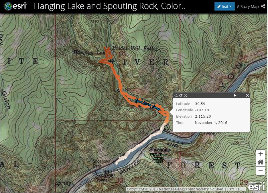My track from a fitness app in the Hanging Lake and Spouting Rock Story Map.