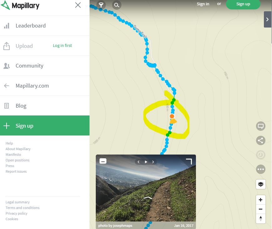 My Mapillary Track in the Chaparral Biome in the Mapillary map interface