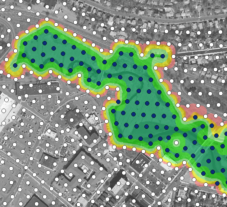 White nodes = 0, Blue nodes >0. It scallops between nodes. 