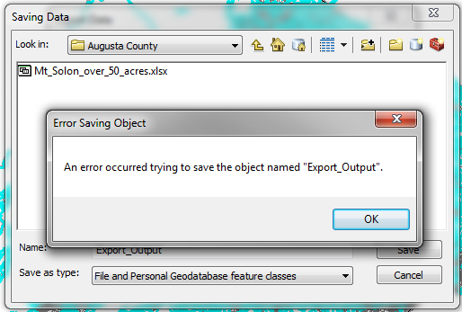 Picture of error: "An error occurred trying to save object named "Export_Output".