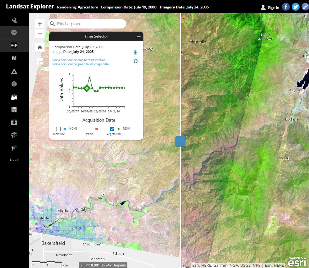 Landsat Explorer comparing two image dates.