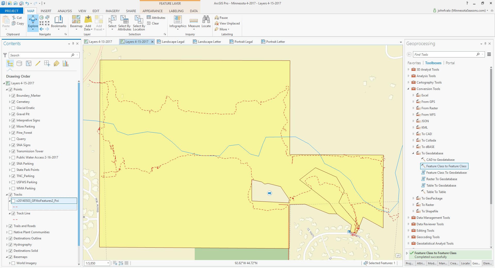ArcGIS Pro showing Tracks feature classes and Tools.