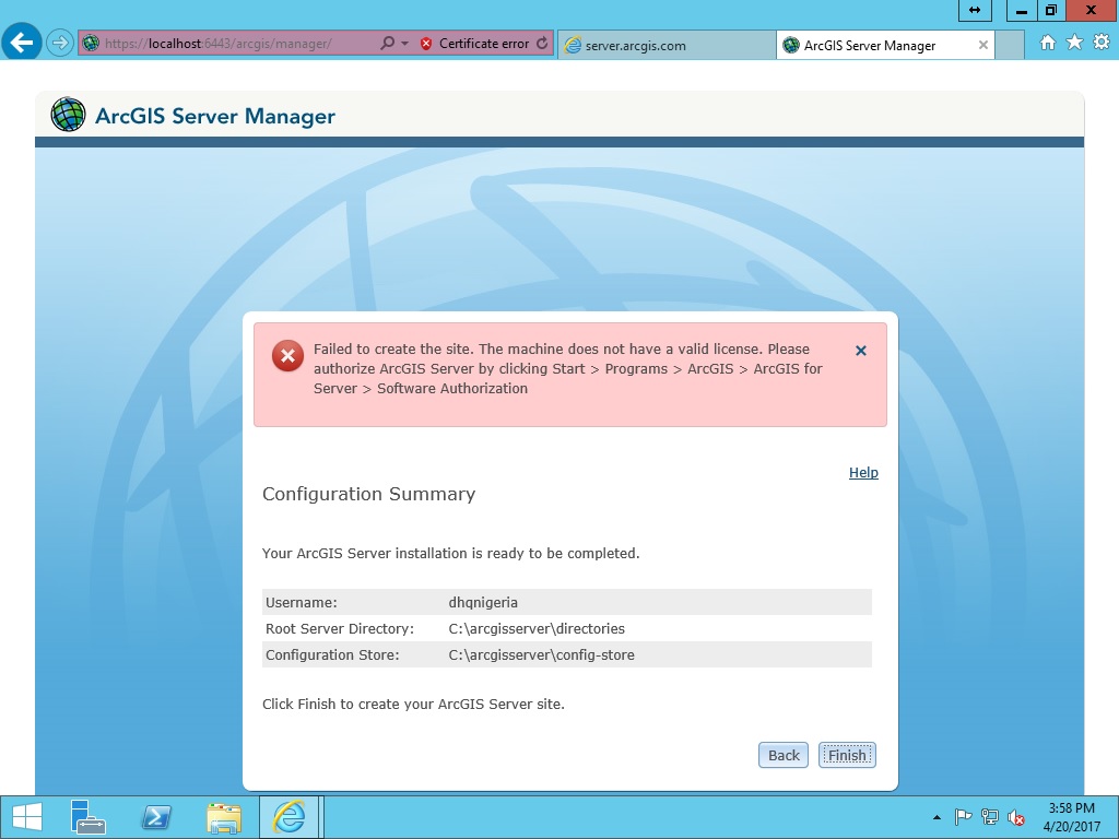 When I try to lunch the ArcGIS Server Manager it displays "Failed to create the site: The machine does not have a valid license , please authorize" even after I have authorized using the license authorization code.