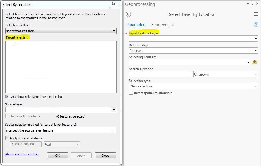 Side-by-side comparison of the Select by Location tool in ArcMap vs. ArcGIS Pro