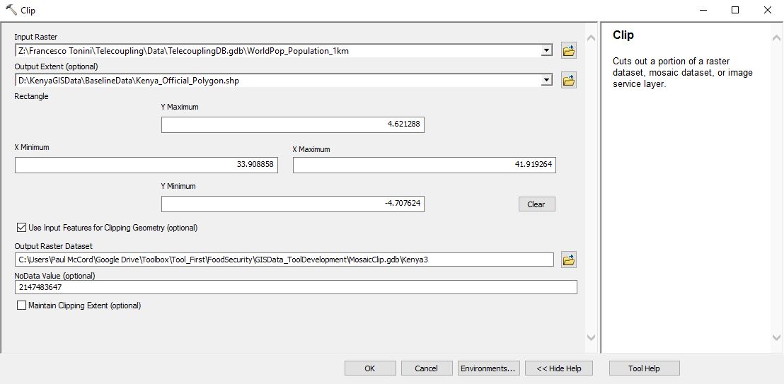 Clip (Data Management) tool. Input Raster includes the path to the mosaic dataset, Output Extent includes a shapefile for the area of interest (in this case, Kenya).