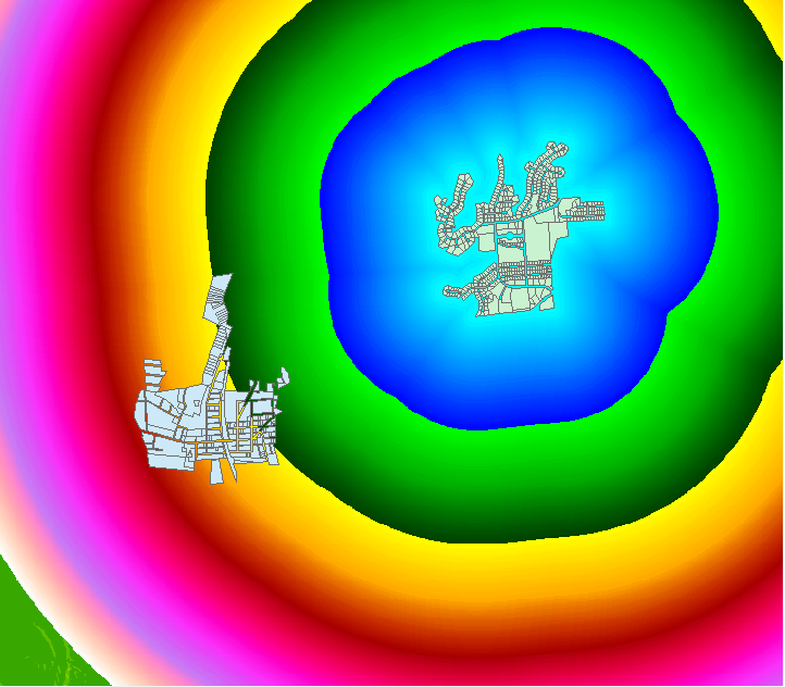 I have ( DEM,two towns ) and i did the Euclidean Distance, then i to need to add the mean distance to the location of the Blue town, in meters,to the Green Town 