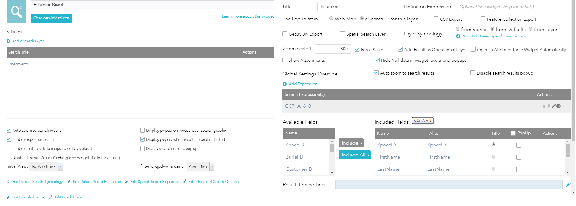 Settings for ESearch for URL export