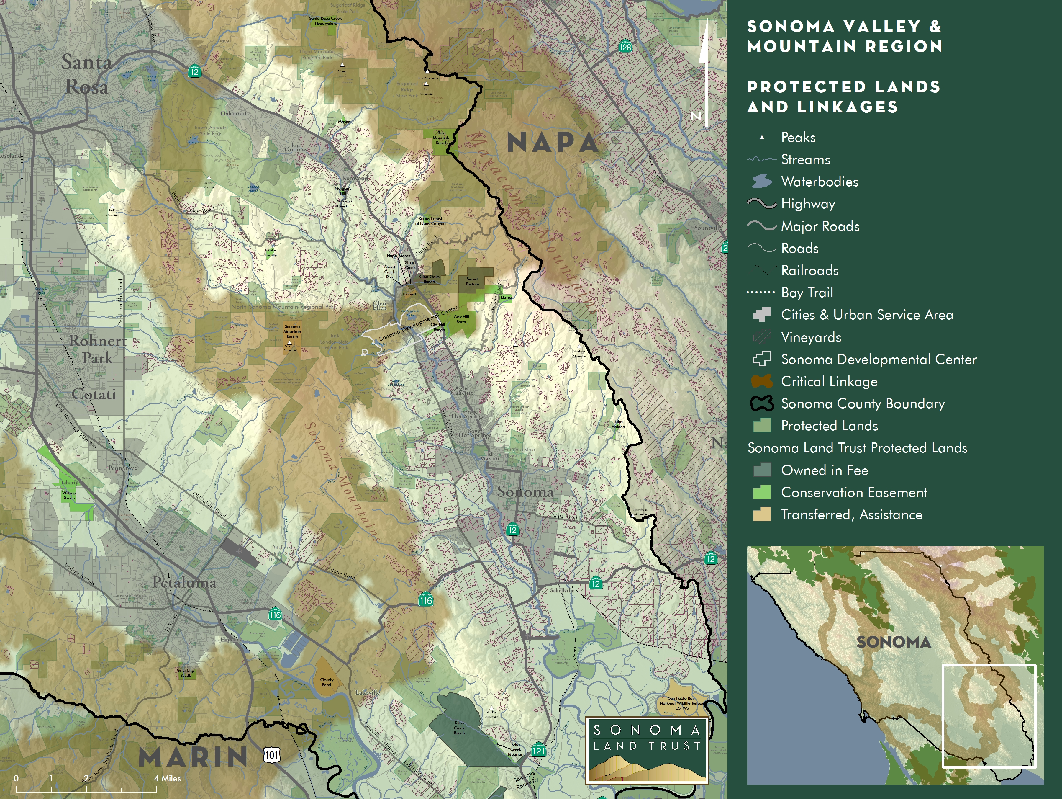 Protected Lands and Linkages in southern Sonoma County with elevation data from the Sonoma County Veg Map Project and linkage information from the Bay Area Critical Linkages Joseph Kinyon, Sonoma Land Trust