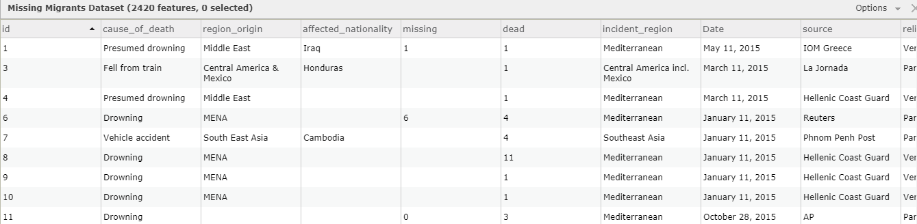 A snippet of the feature layer table from Portal for ArcGIS