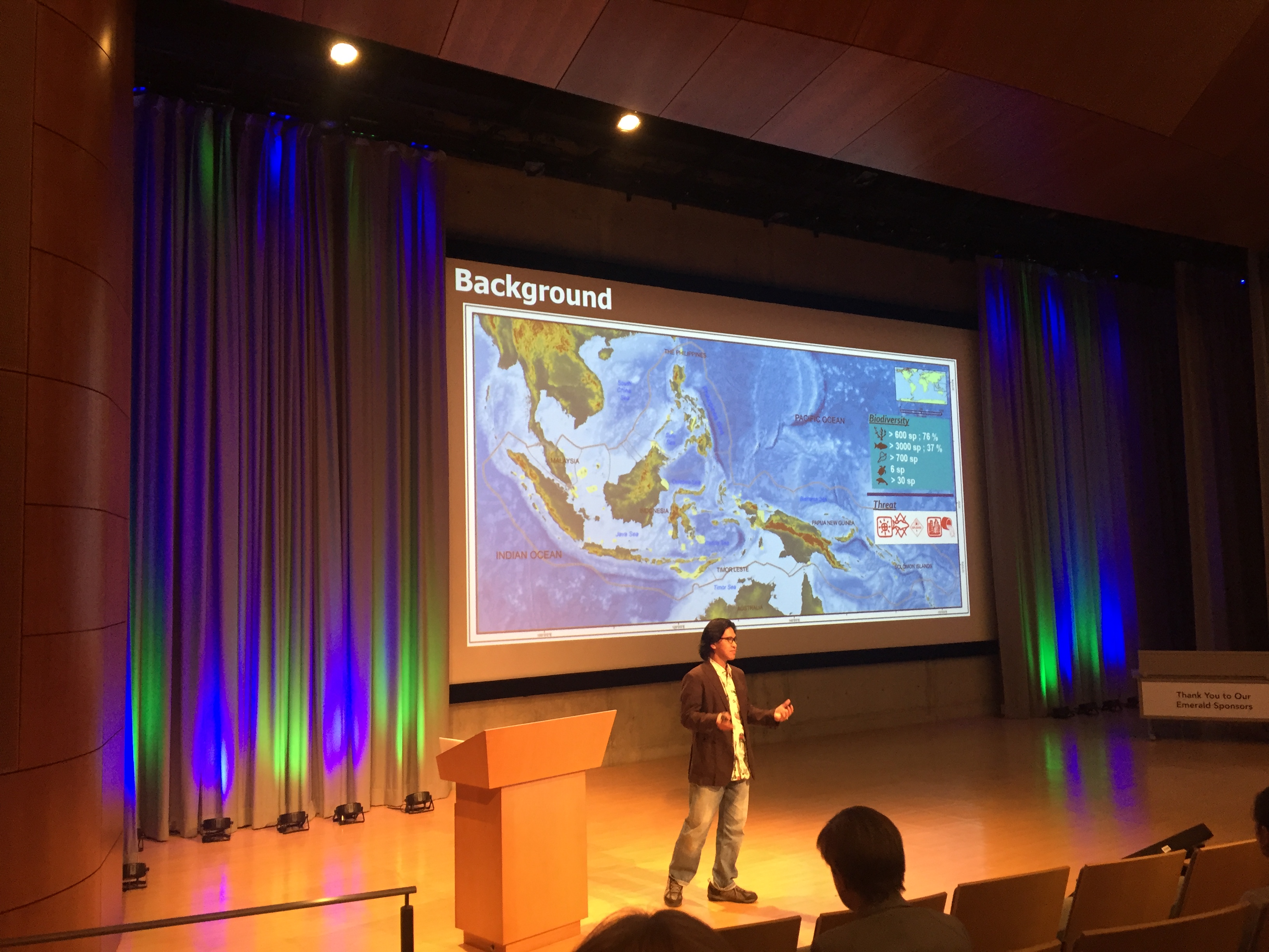 Irawan Asaad presenting on "Priority Areas for Marine Biodiversity Conservation in the Coral Triangle" at the 2017 Esri Ocean Forum.