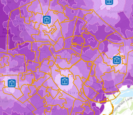 Travel time areas (purple shades) and census areas (orange outline)