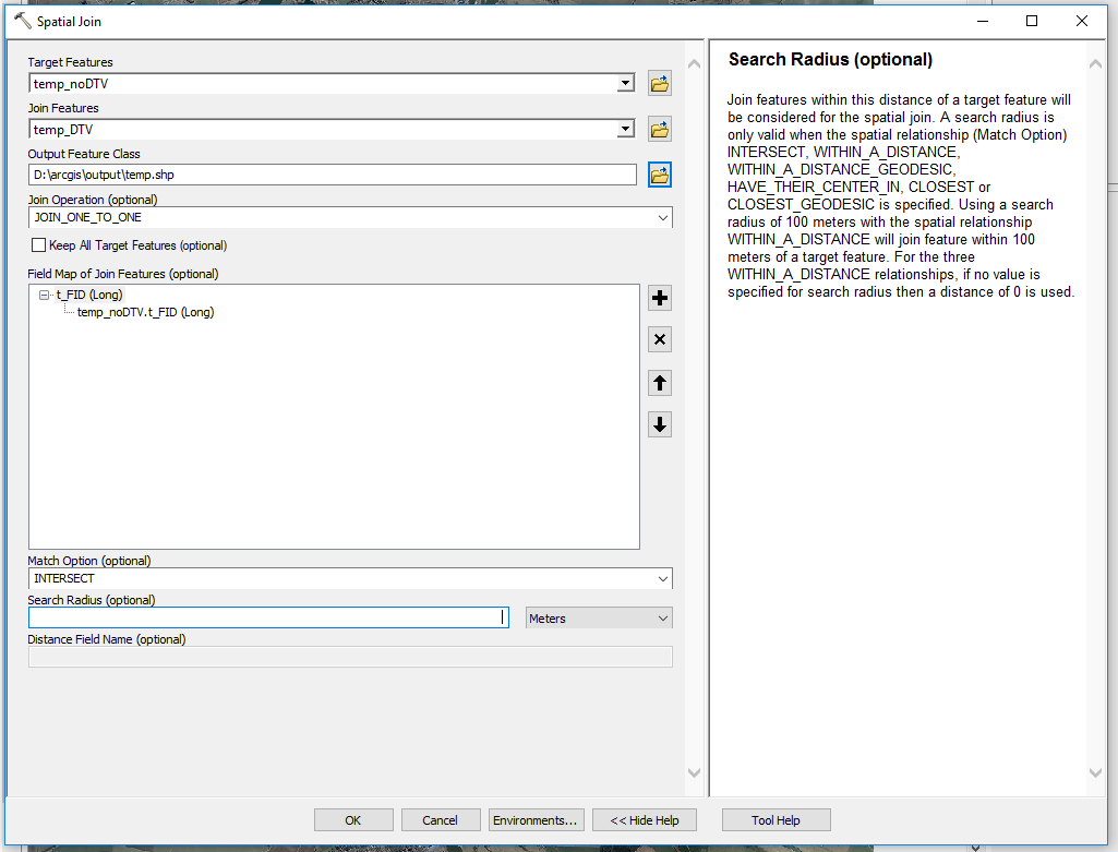 Screenshot of the working Spatial Join tool settings in ArcMap