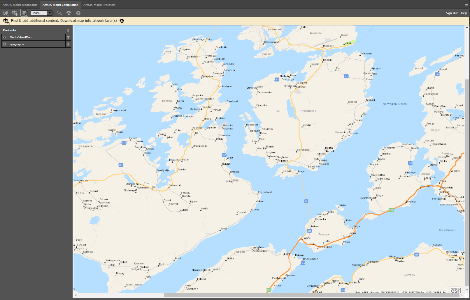 Kystfjell map with Vector Street Map data added in Compilation window