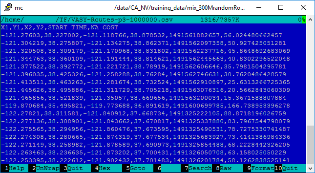 Figure 1. "Journeys" used to train the neural network. X1, Y1 – coordinates of the departure location; X2, Y2 – destination location; START_TIME – departure time in UTC milliseconds since Jan 1st, 1970; NA_COST – time it took to travel in minutes.