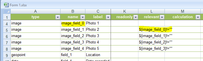 Survey123 hidden multiple photo fields dependent on filling out a previous field