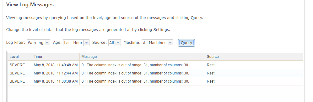 Server Error log showing. 0 : The column index is out of range: 31, number of columns: 30.