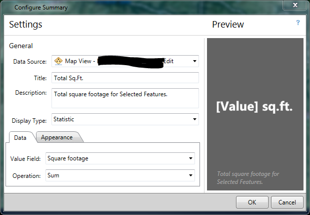 Redacted Screen capture of Operations Dashboard Summary Widget Setup