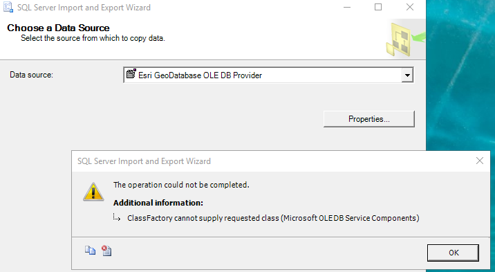 SQL Server Import and Export Wizard - The operation could not be completed.
