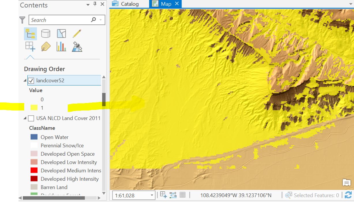 Land cover data streaming from the Living Atlas, with shrub/scrub in yellow from Raster Calculator tool.
