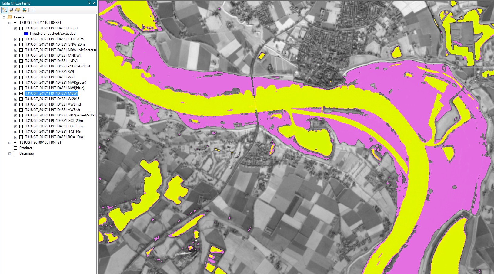 Various water indices (based on L2A band images).