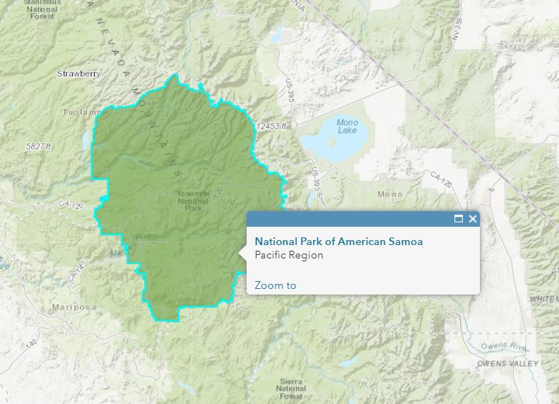 Yosemite National Park is misidentified in the hosted layer. 