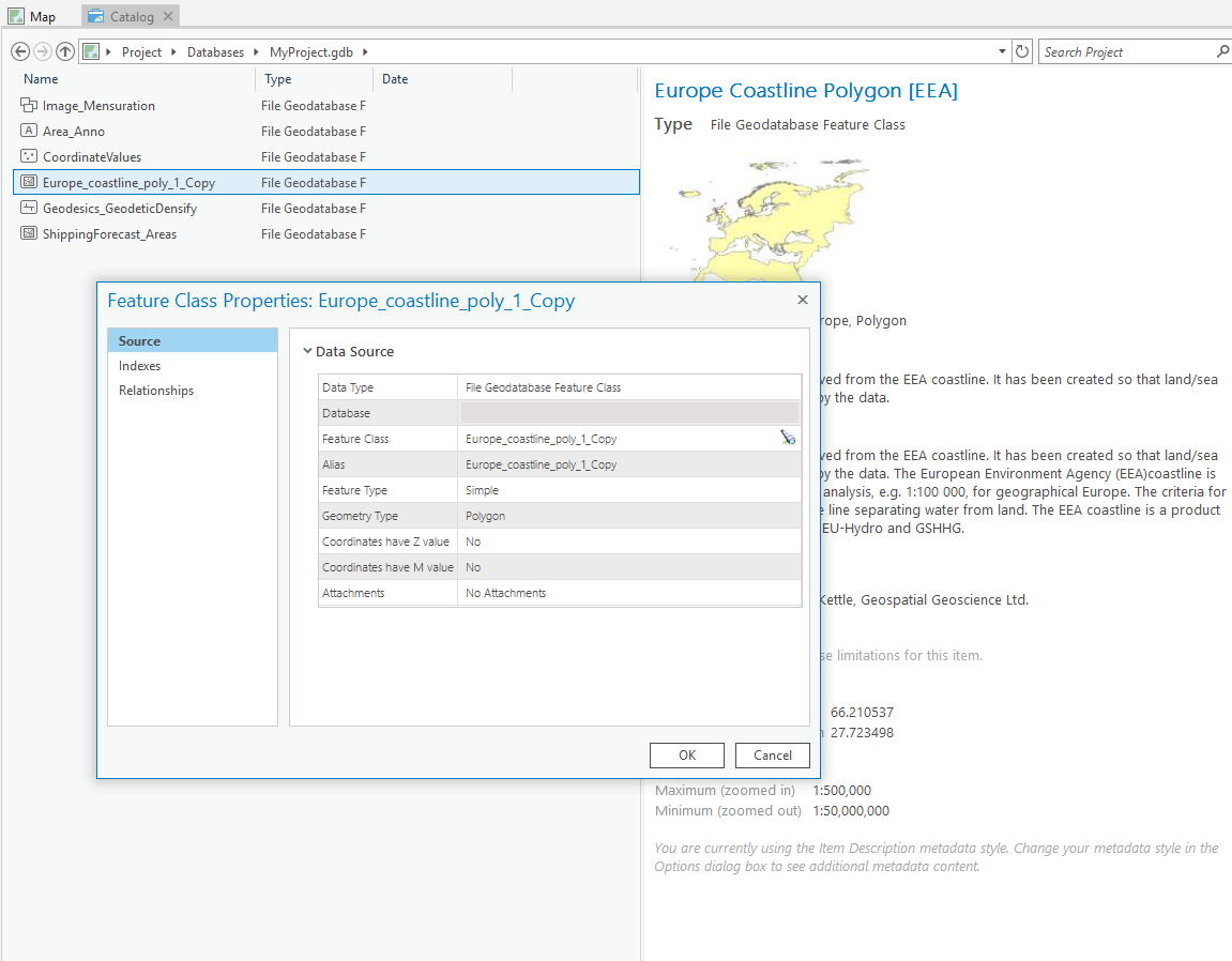 No option to see spatial reference information when viewing the properties of a feature class.