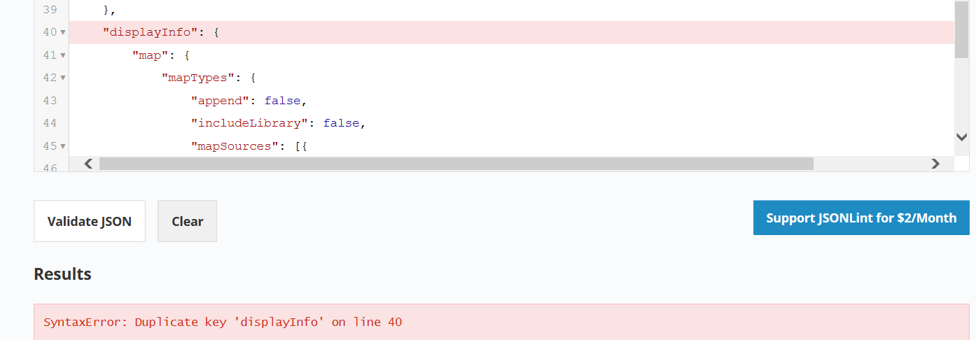 Screenshot of Error from JSON Validator