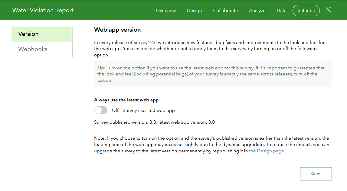 Survey123 for ArcGIS Web App Version Setting