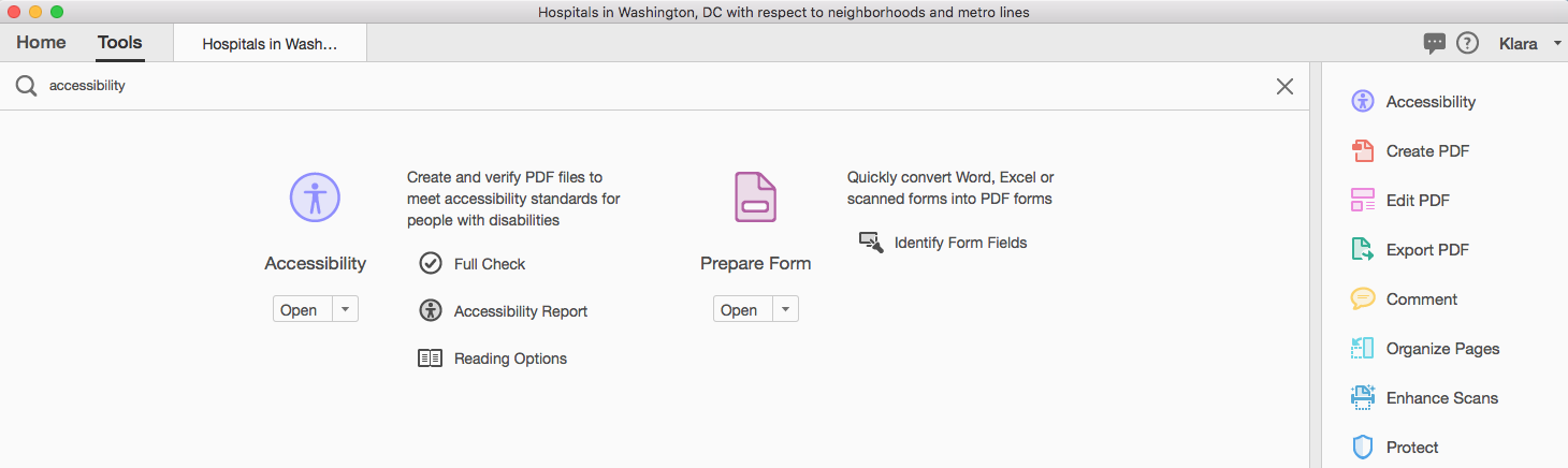 Acrobat search filtered to accessibility tooling