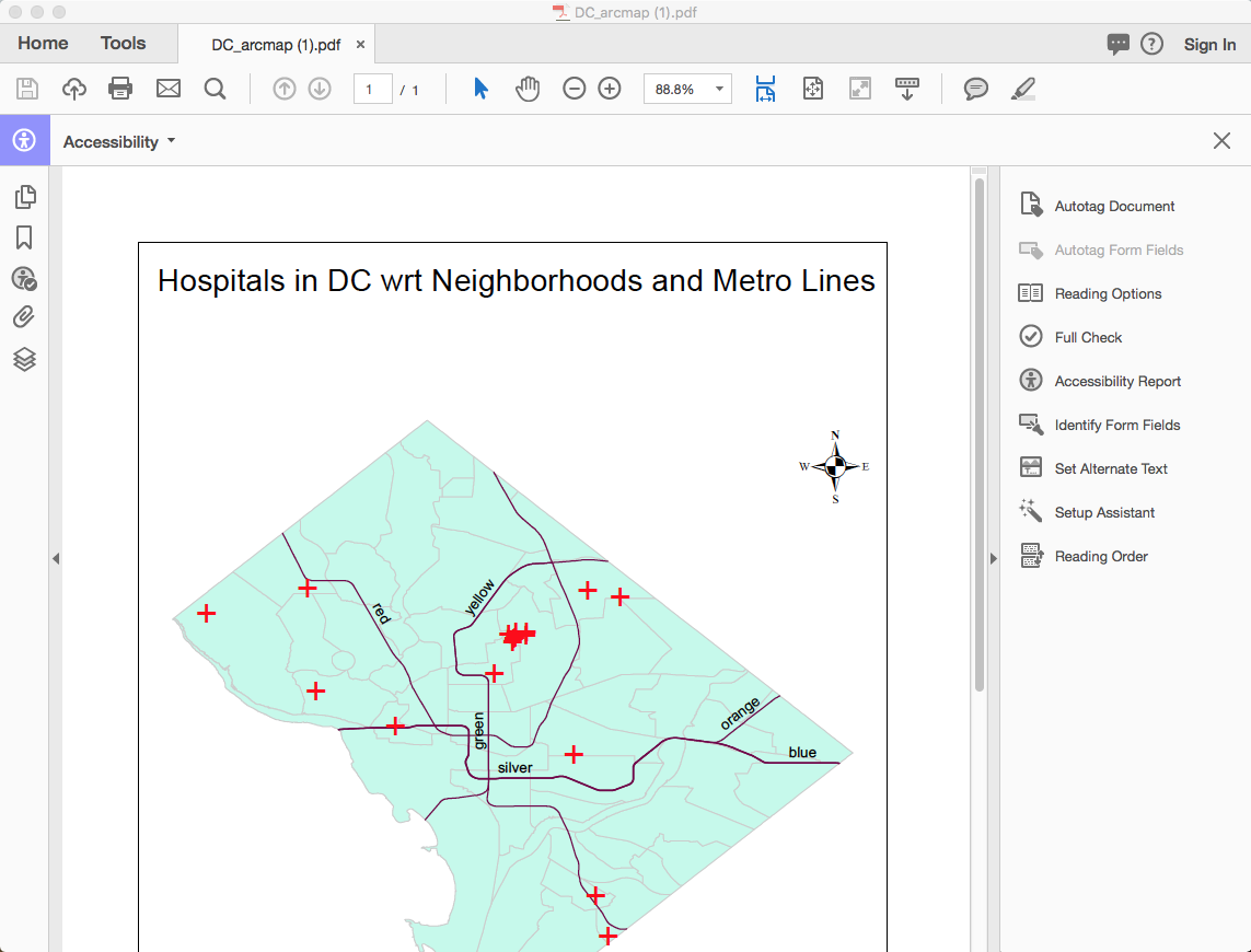 Acrobat with map PDF and accessibility tooling pane open