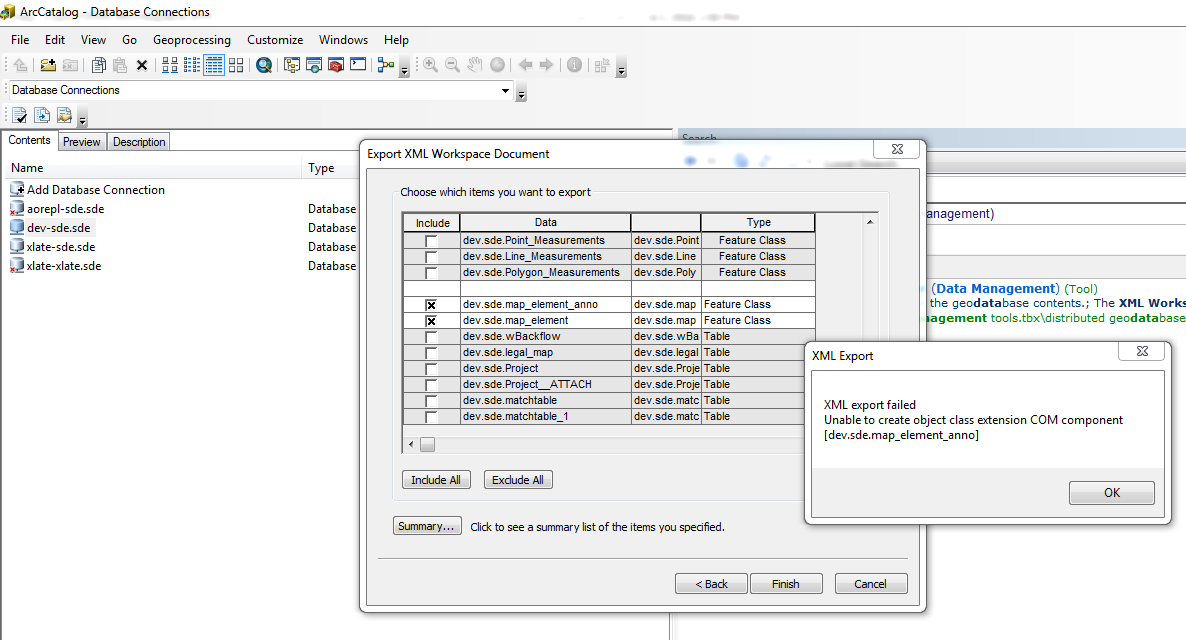 Shows XML Export error message when trying to export workspace doc for two feature classes