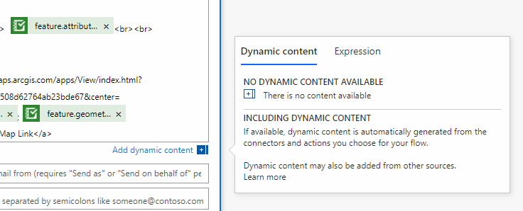 Dynamic content still shown in text body on left, but no option to add new dynamic content on right