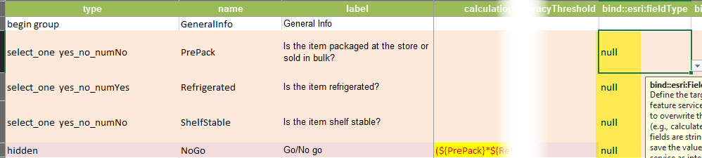 Screen shot of backend XLS form spreadsheet with null fields highlighted.